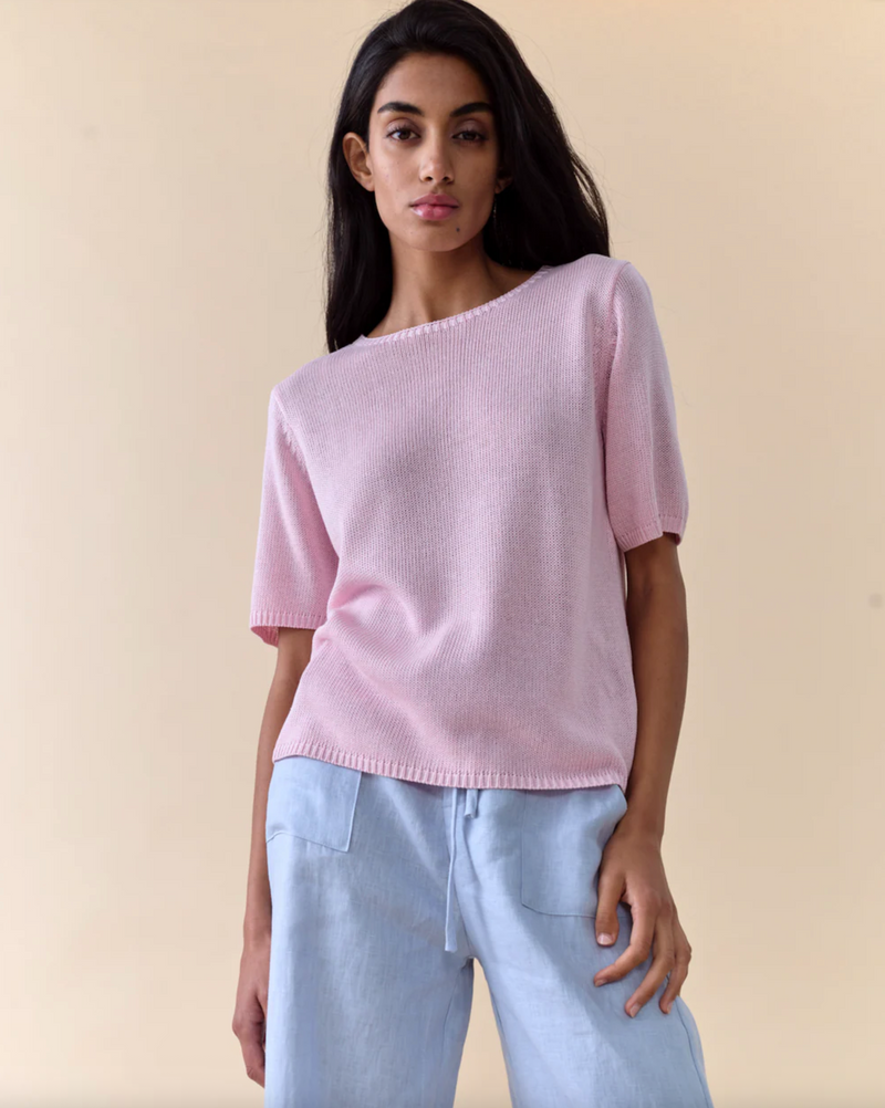 summer tee by little lies is a lightweight linen blend knitted top in pink