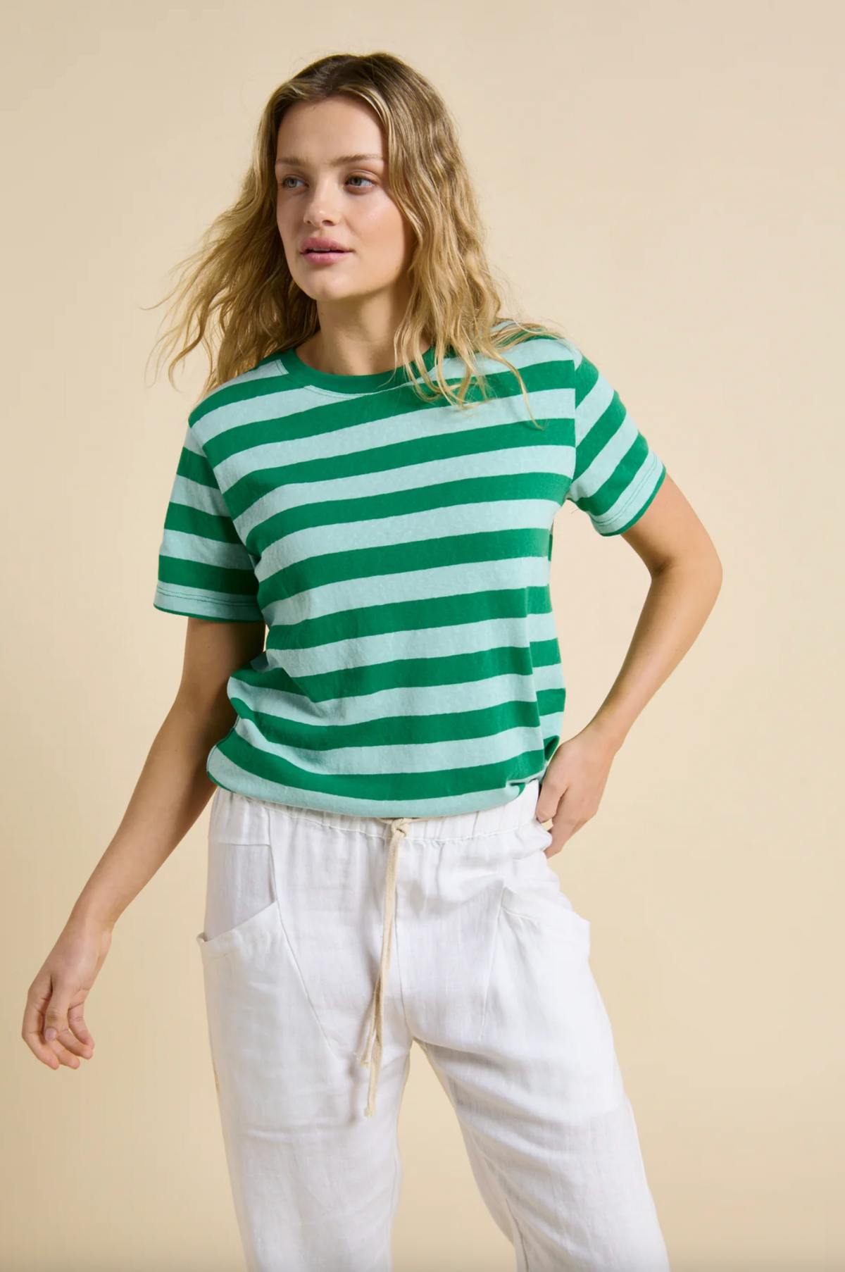 a soft cotton stripe tee by little lies with white linen luxe pants