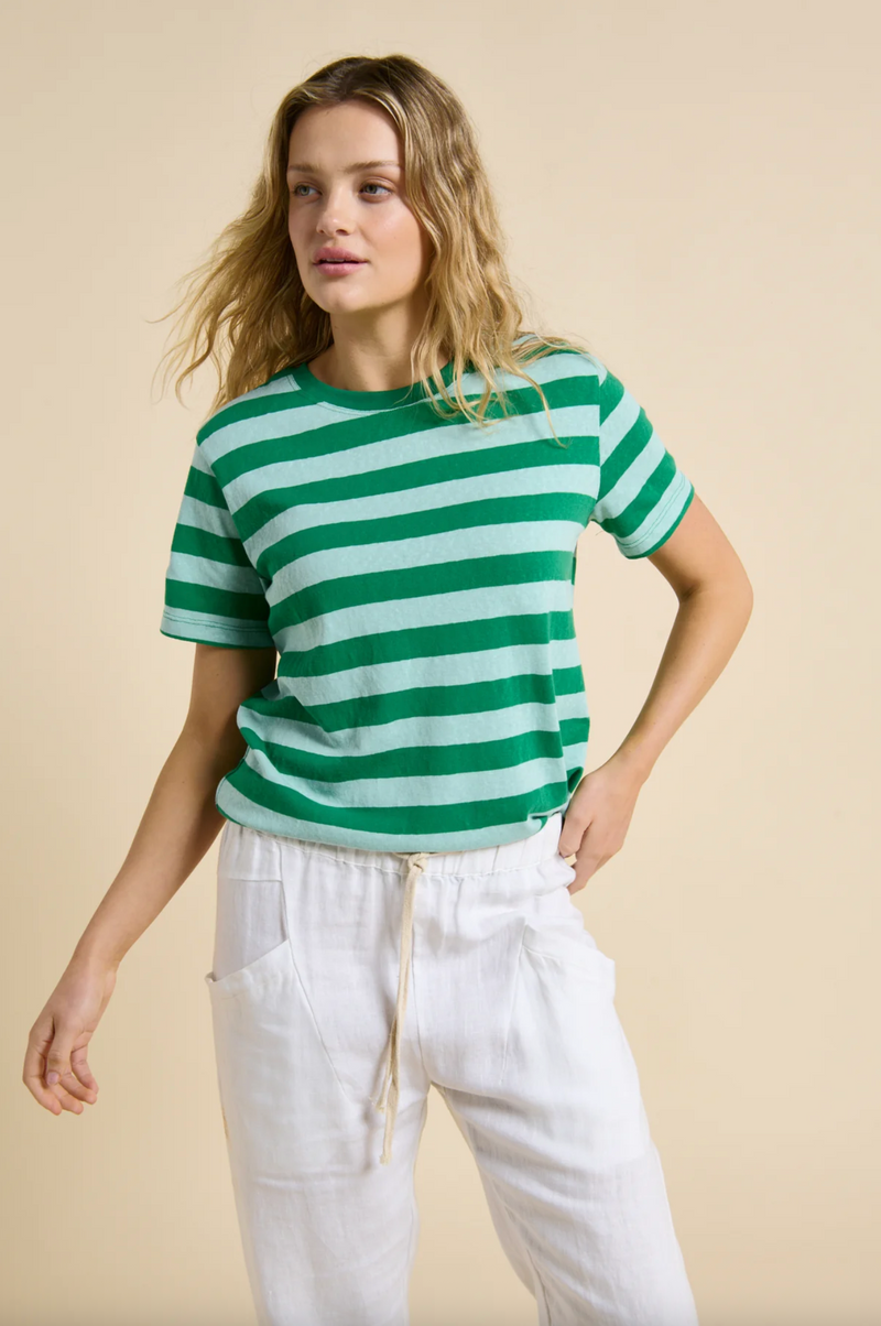 a soft cotton stripe tee by little lies with white linen luxe pants