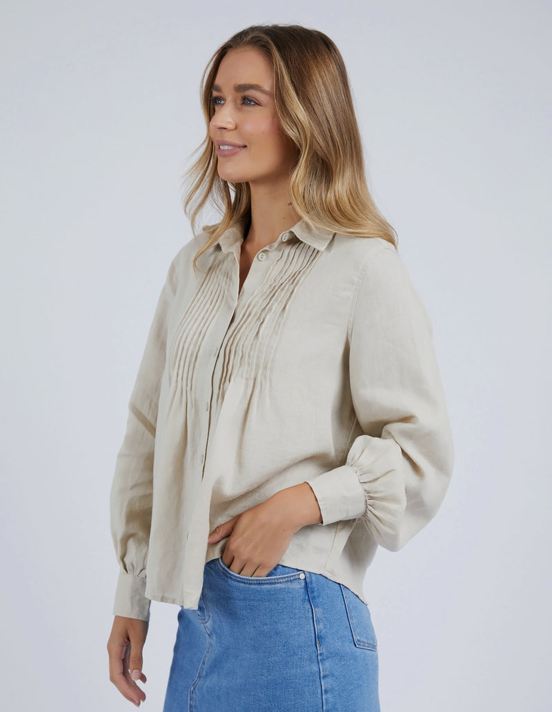 the toulouse blouse by foxwood is a linen long sleeve shirt with pintuck details