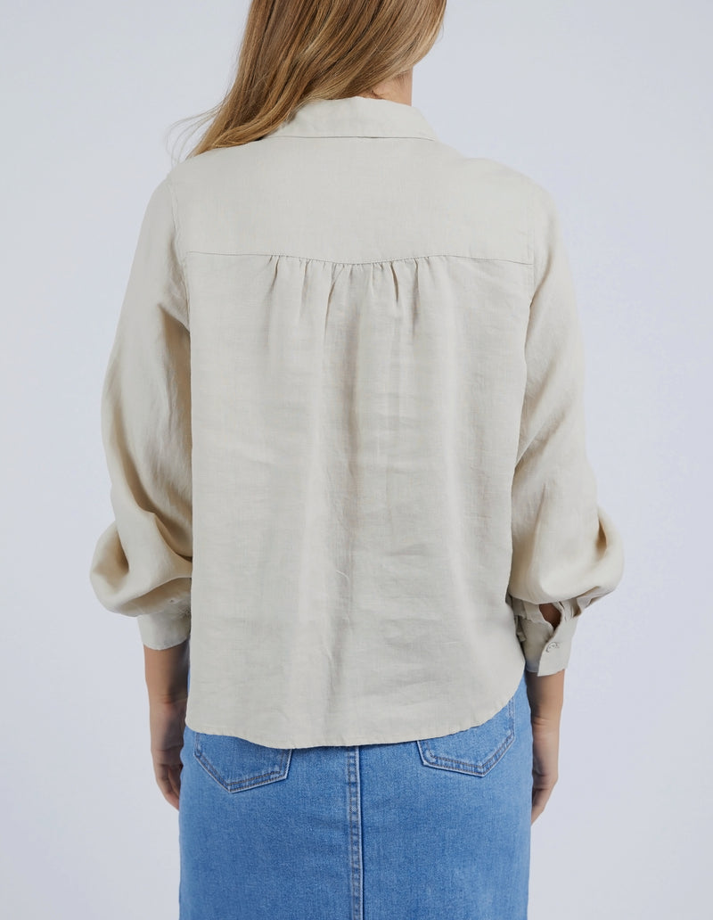 the toulouse blouse by foxwood is a linen long sleeve shirt with pintuck details