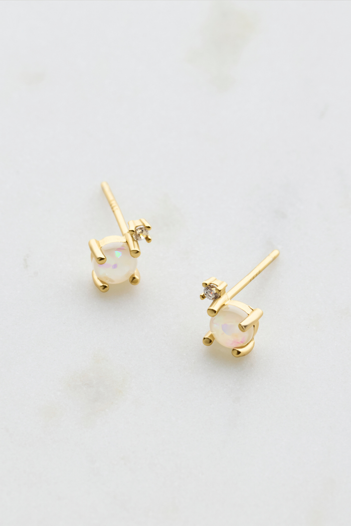 White Opal Crystal Stud Earrings - Gold