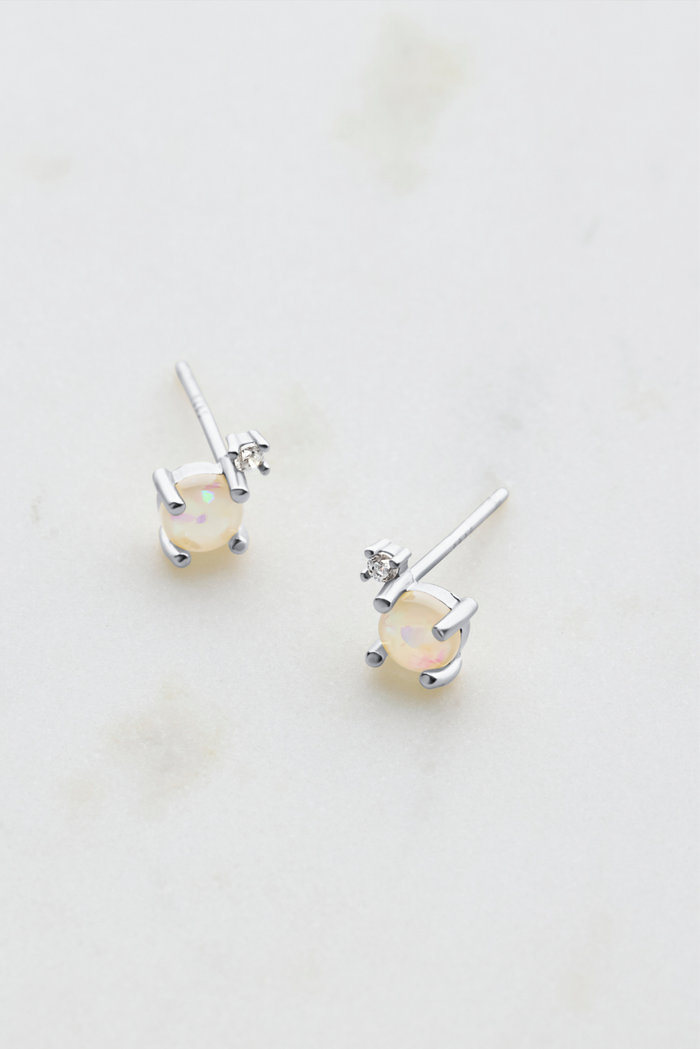 White Opal Crystal Stud Earrings - Silver