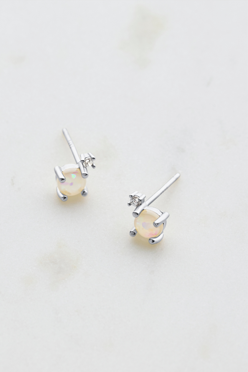 White Opal Crystal Stud Earrings - Silver