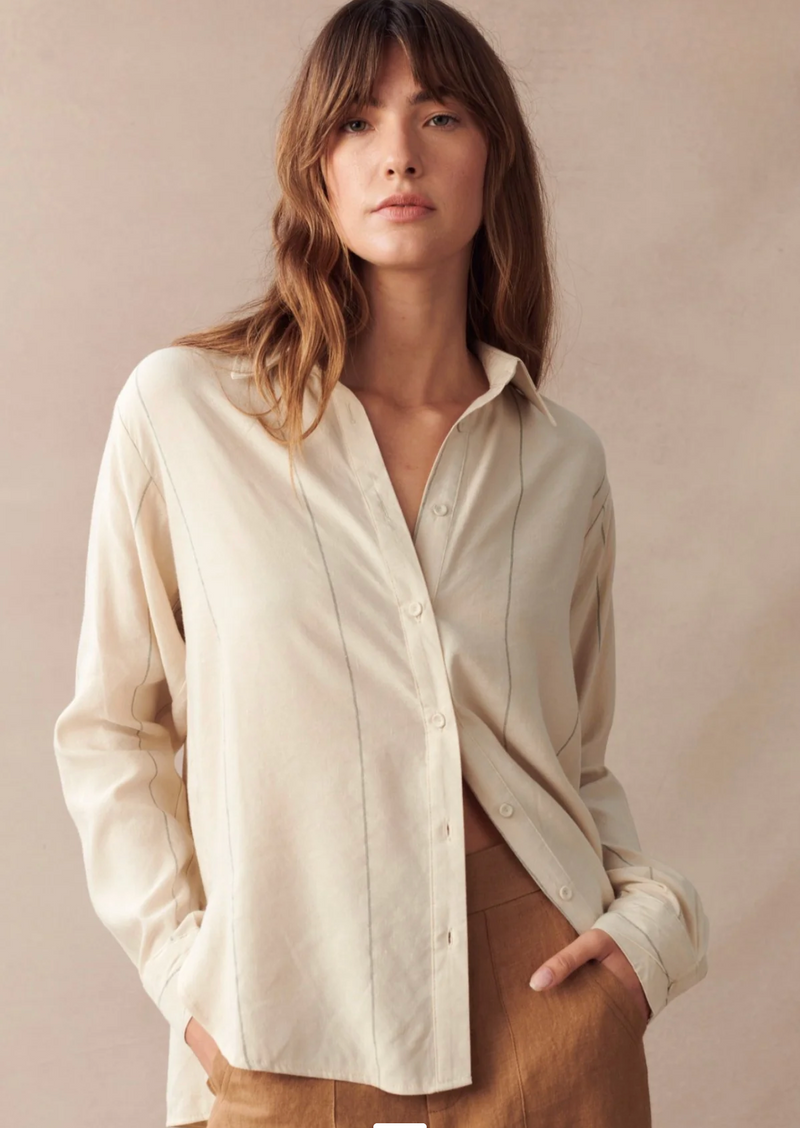 ainsley button shirt by little lies is a pin stripe long sleeve collared top for winter