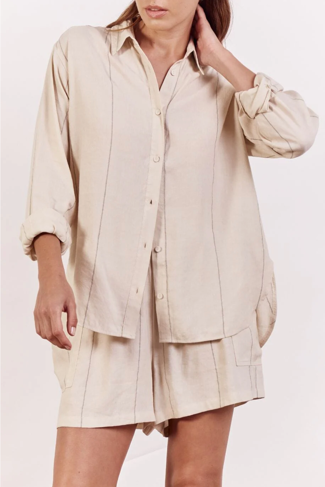 ainsley button shirt by little lies is a pin stripe long sleeve collared top for winter