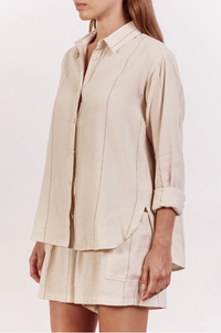 ainsley button shirt by little lies is a pin stripe long sleeve collared top for winter