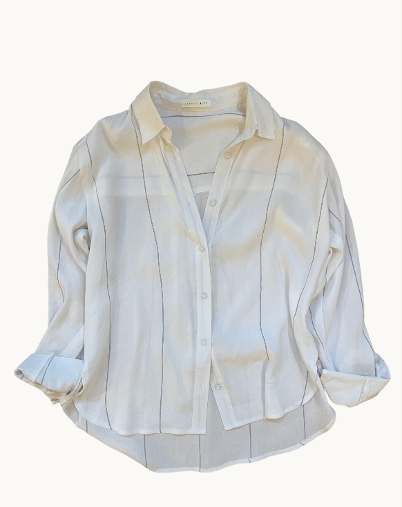 ainsley button shirt by little lies is a pin stripe long sleeve collared top for winter