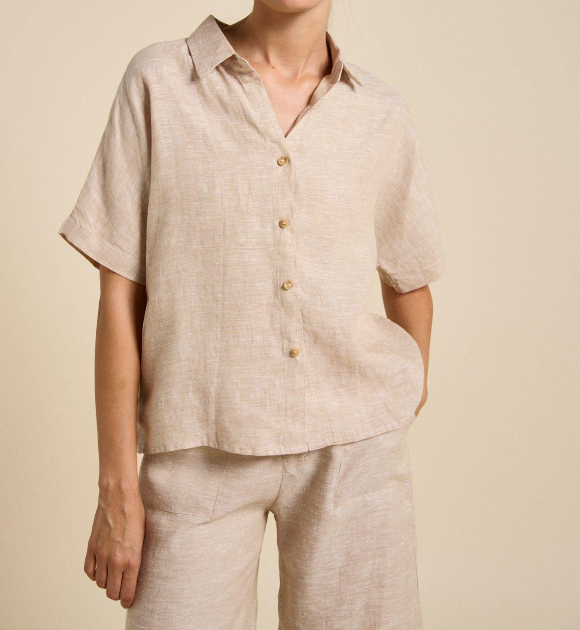 bondi shirt by little lies is a linen button up shirt with short sleeves for casual everyday womens wear