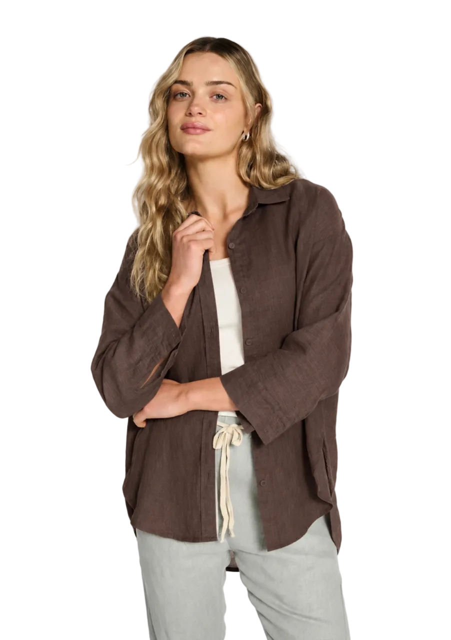 Boyfriend shirt in chocolate brown by little lies is a loose fit oversized linen ladies shirt