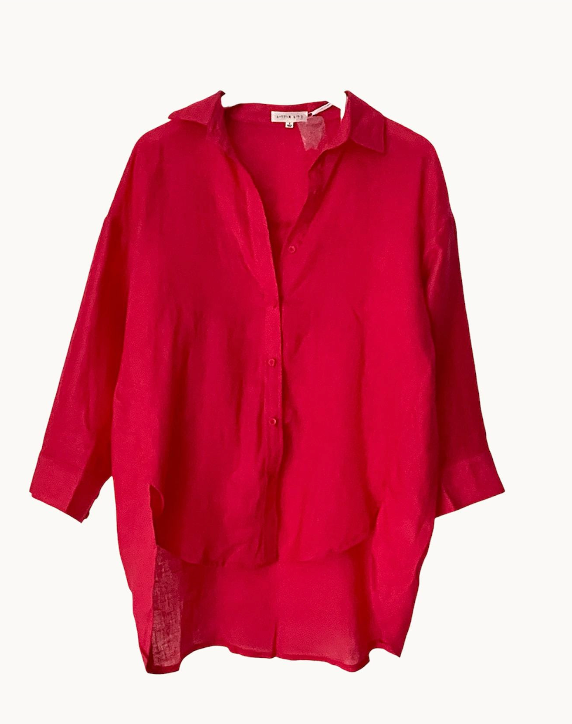 boyfriend shirt by little lies is a linen button through collared shirt in watermelon