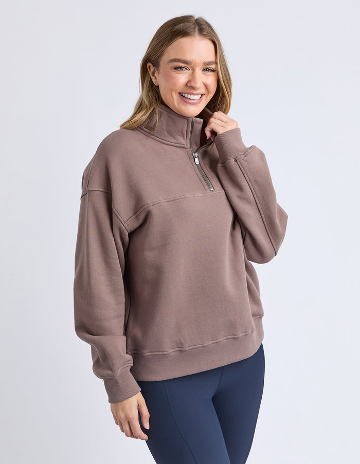college zip crew by foxwood is a cotton fleece lined sweater in mocha brown