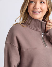 college zip crew by foxwood is a cotton fleece lined sweater in mocha brown