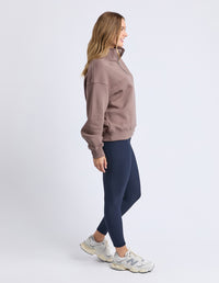 college zip crew by foxwood is a cotton fleece lined sweater in mocha brown