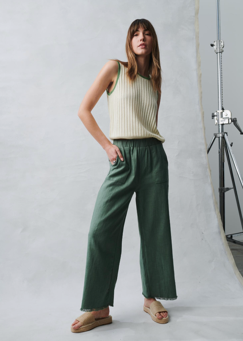 todd pants by little lies in green basil are a wide leg linen pants