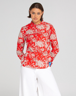 the cove shirt by boom shankar is a red block print cotton button up long sleeve shirt