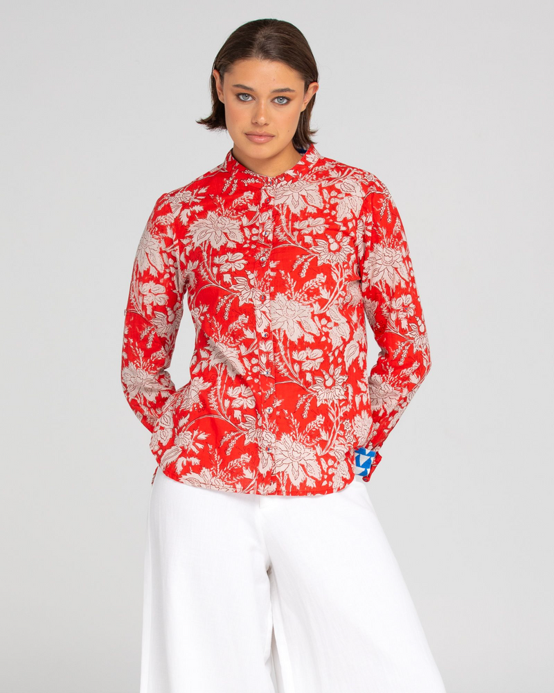 the cove shirt by boom shankar is a red block print cotton button up long sleeve shirt