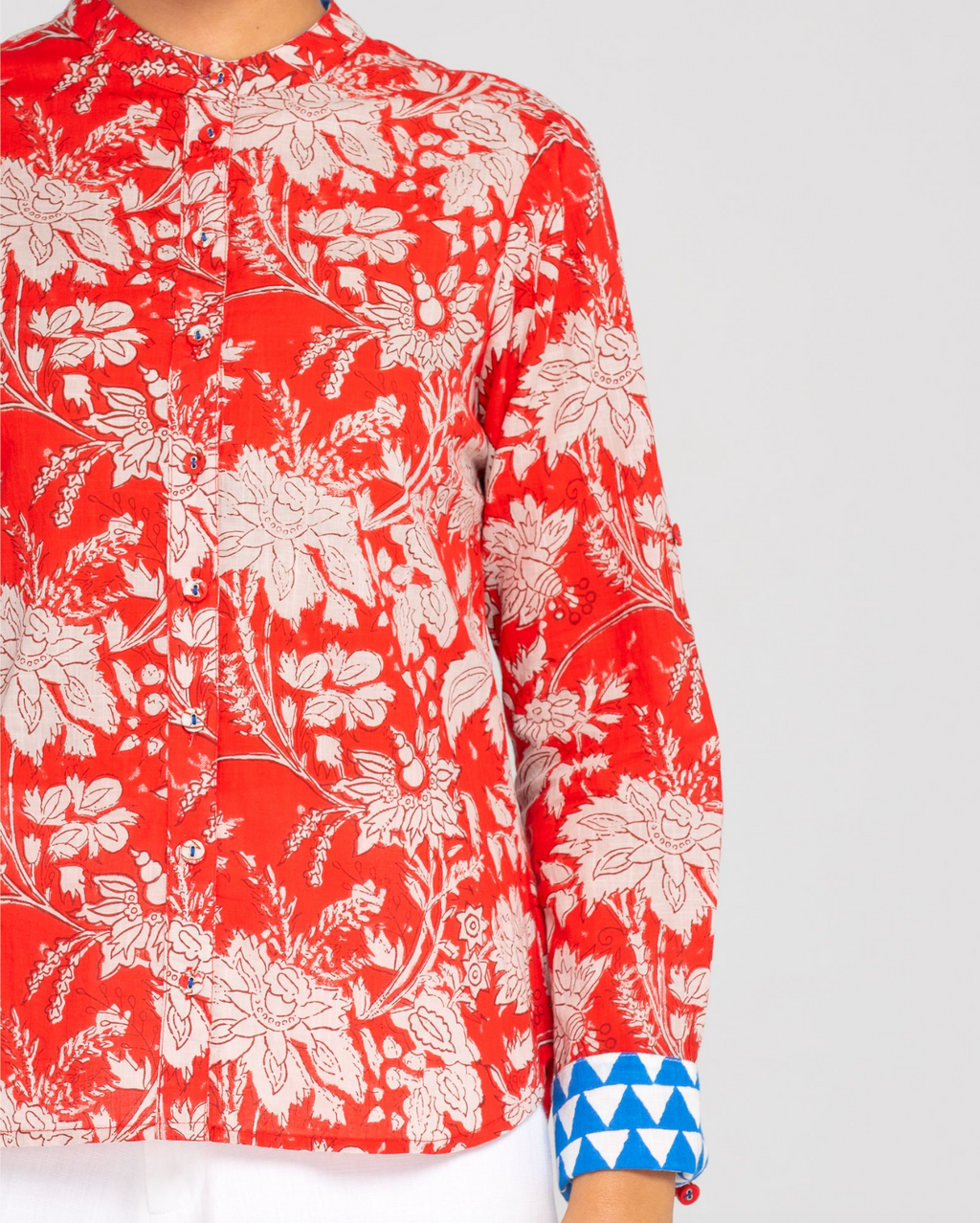 the cove shirt by boom shankar is a red block print cotton button up long sleeve shirt