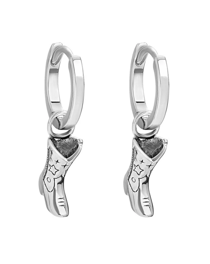 Sterling Silver Cow Girl Boot huggie earrings by midsummer star jewellery