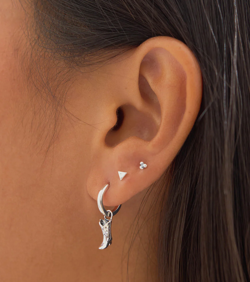 Sterling Silver Cow Girl Boot huggie earrings by midsummer star jewellery