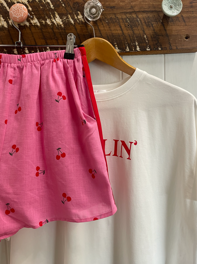 pink and red darlin cherry short set by frankie