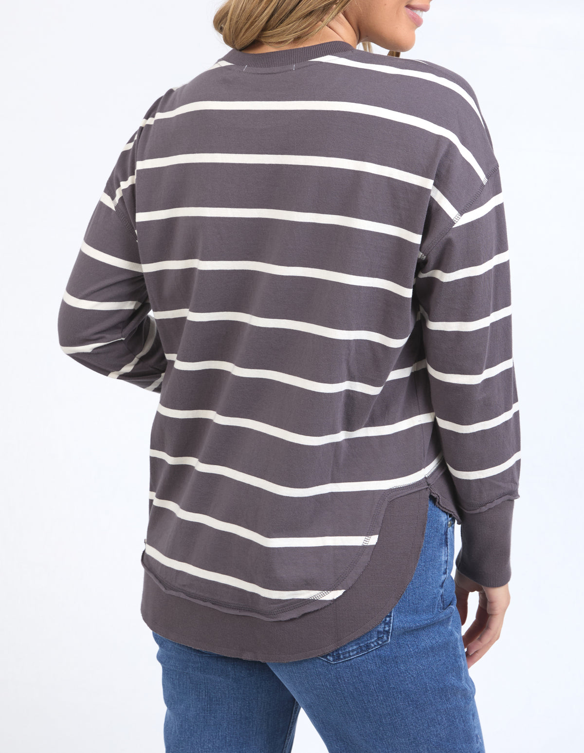 fun casual grey and white stripe cotton long sleeve top by foxwood