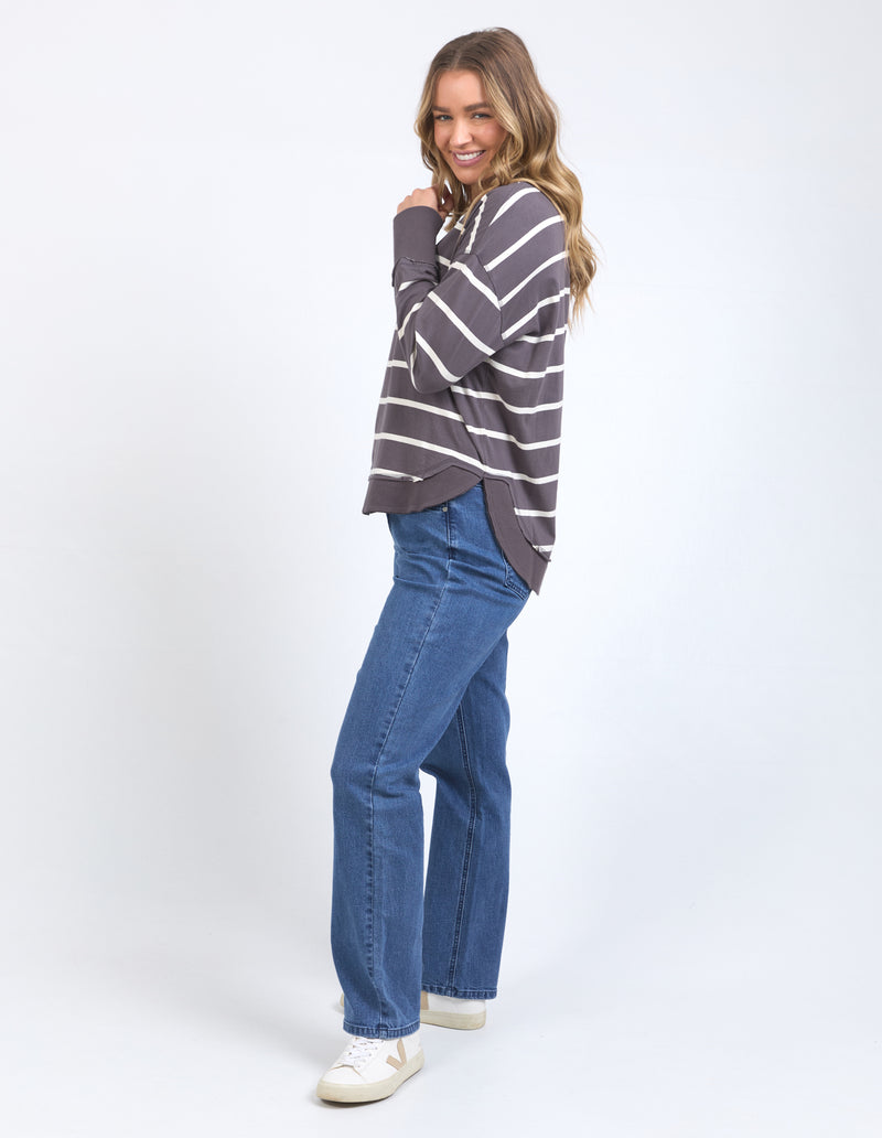fun casual grey and white stripe cotton long sleeve top by foxwood
