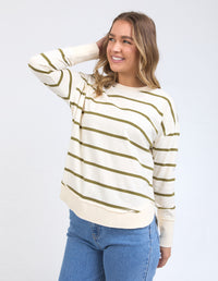 fun casual olive green and white stripe cotton long sleeve top by foxwood