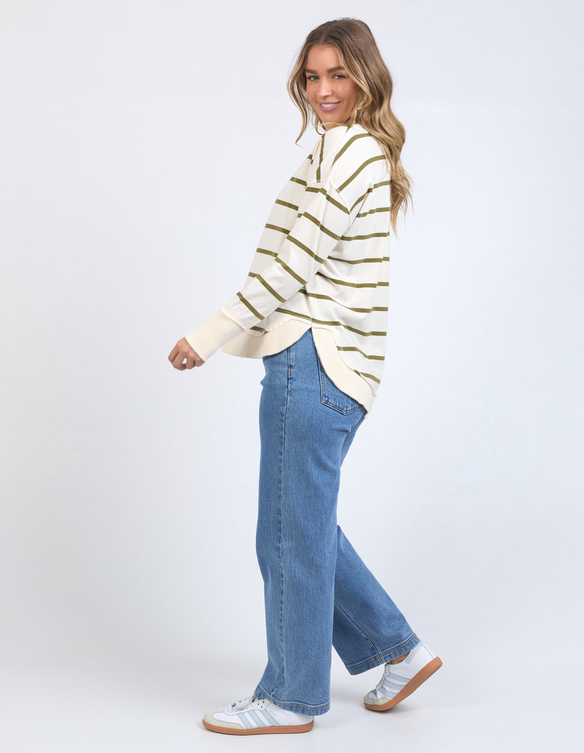 fun casual olive green and white stripe cotton long sleeve top by foxwood