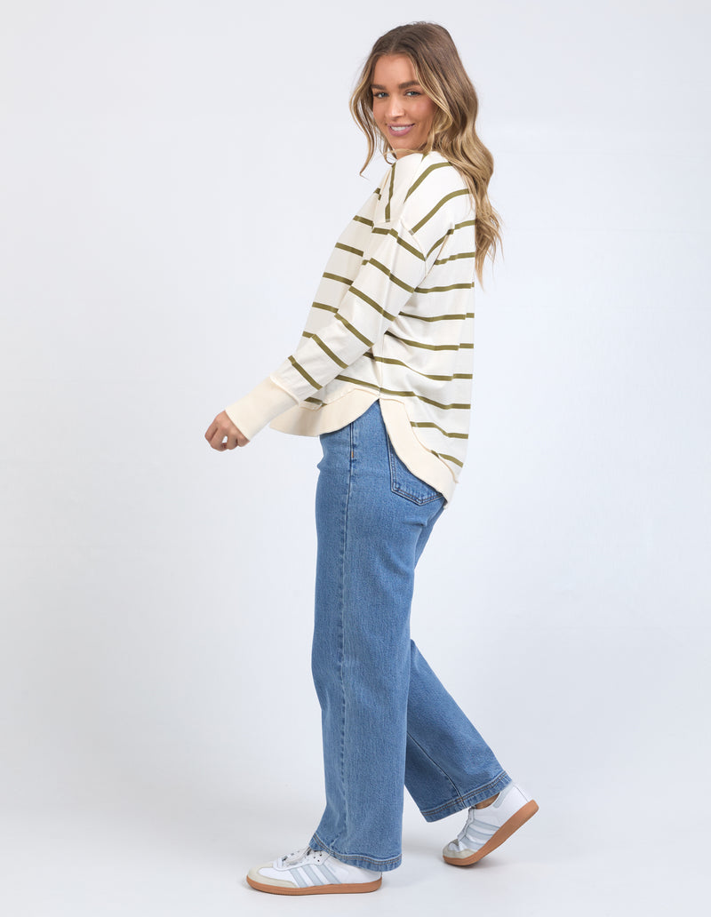 fun casual olive green and white stripe cotton long sleeve top by foxwood