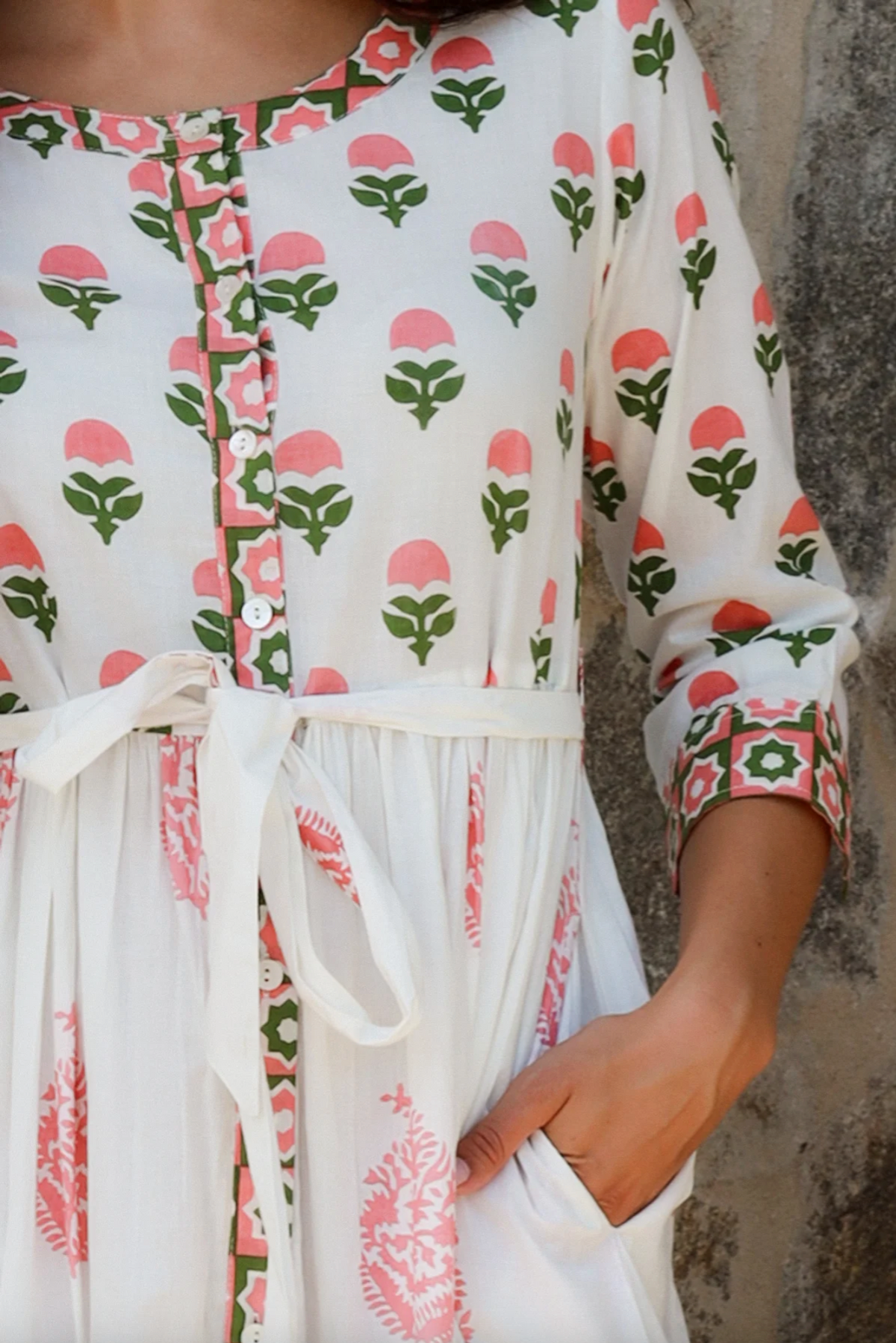 a cotton boho paisley block print midi length dress in pink and green