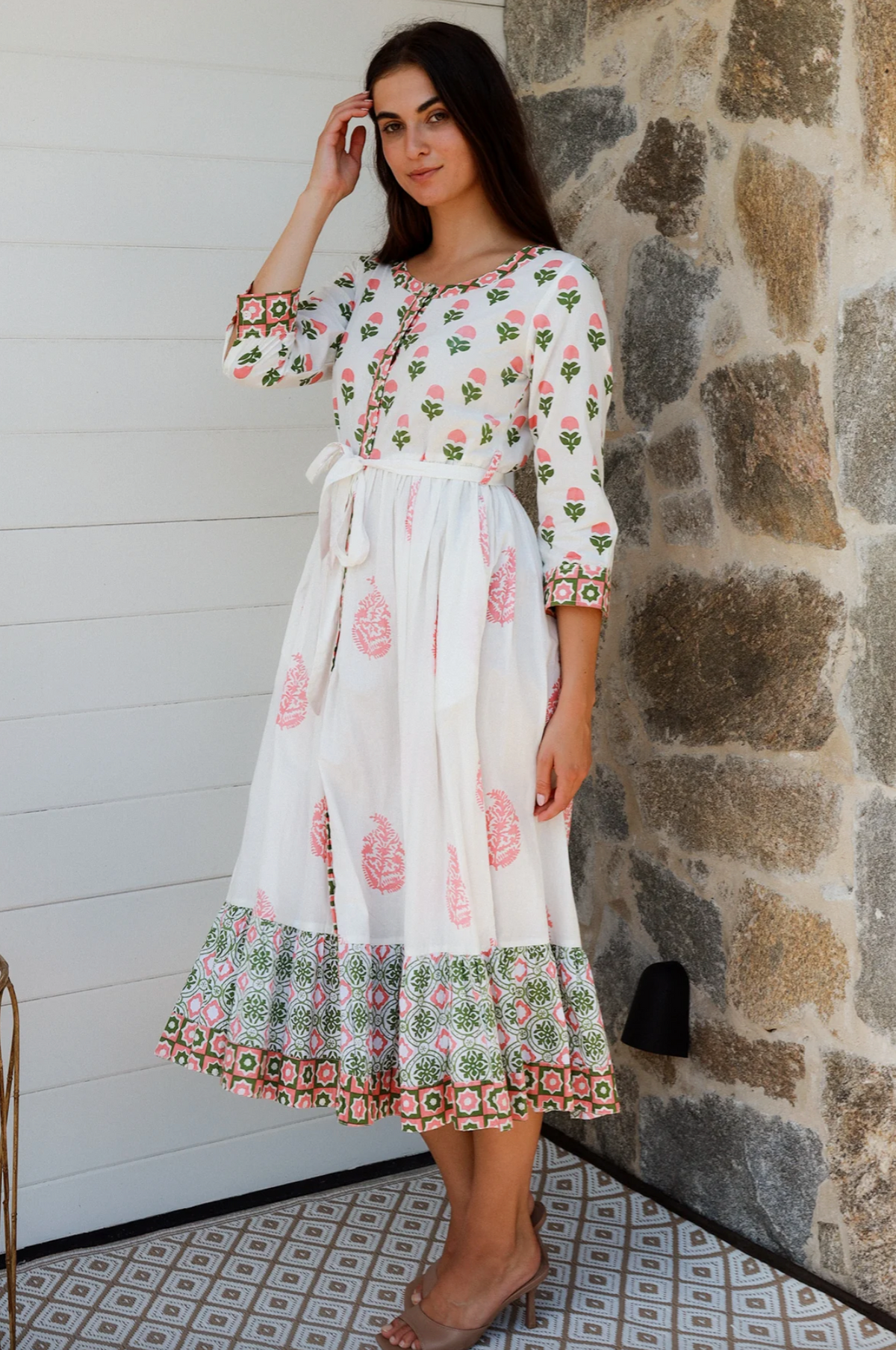 affordable cotton boho paisley block print midi length dresses in pink and green