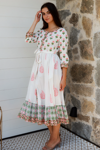 affordable cotton boho paisley block print midi length dresses in pink and green