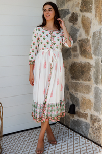 cheap cotton boho paisley block print midi length dress in pink and green