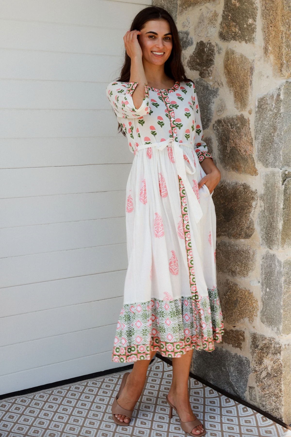 Gaia dress is a cotton boho paisley block print midi length dress in pink and green