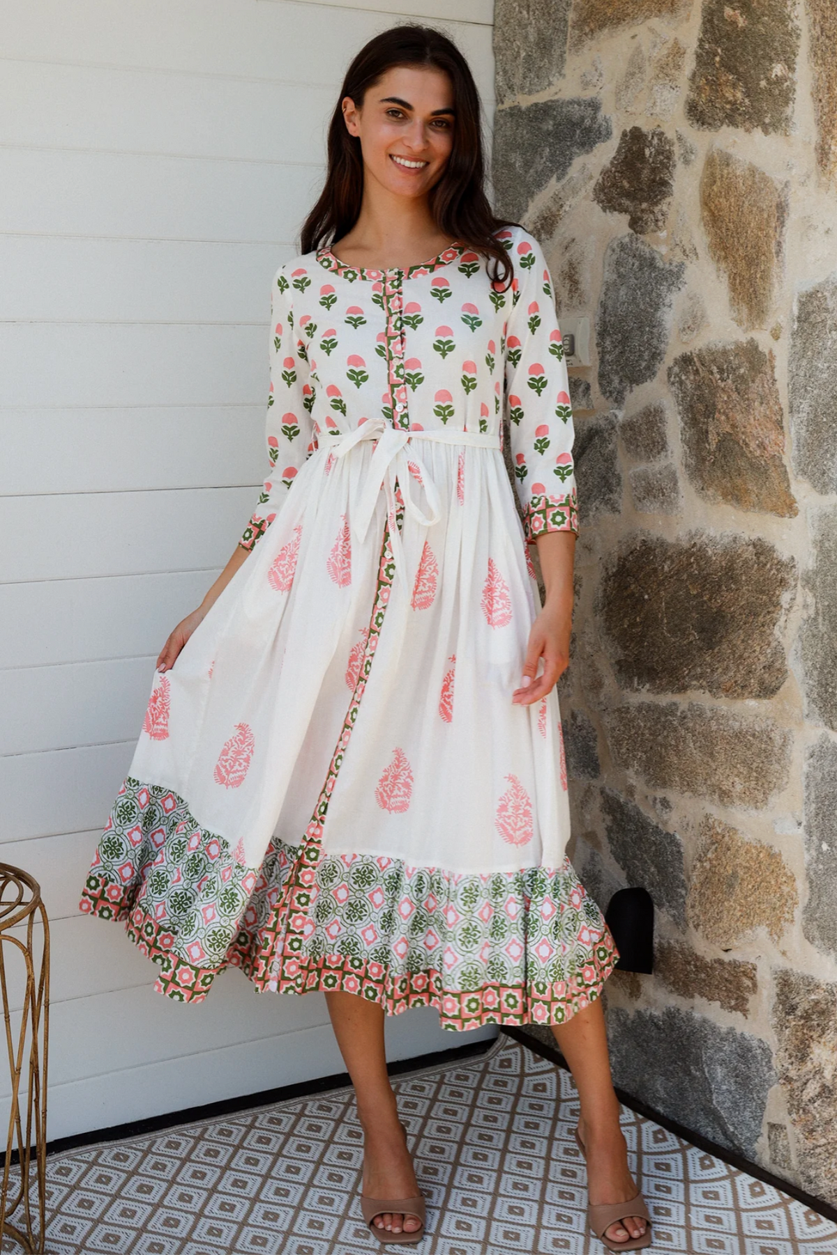 a cotton boho paisley block print midi length dress in pink and green