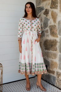 white pink and green block pring indian cotton vintage style resort dress