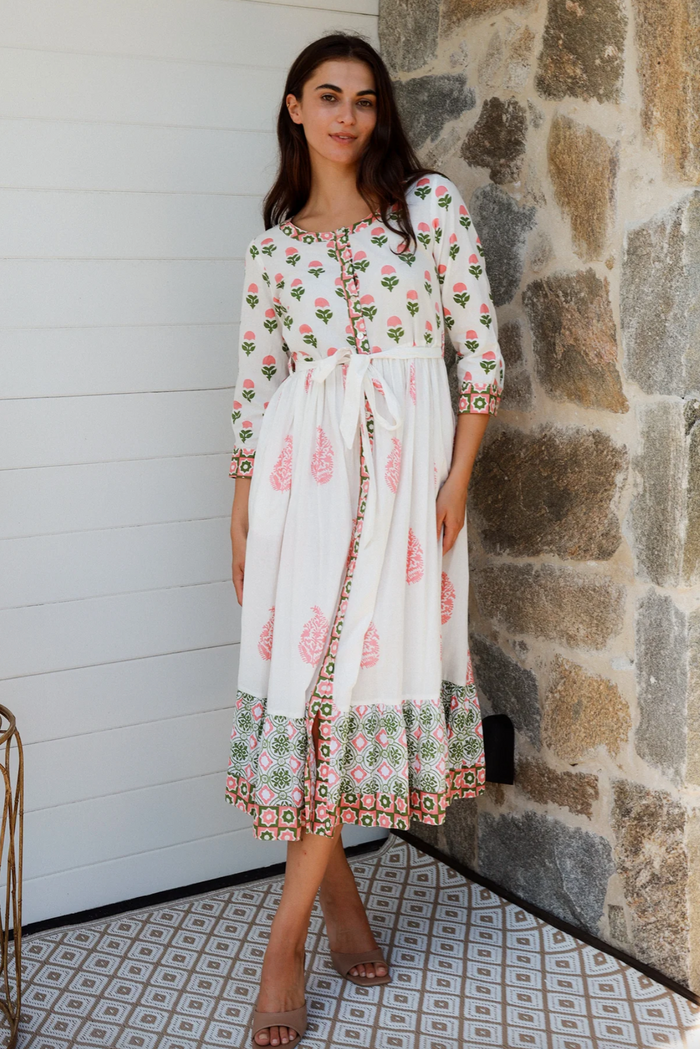 a cotton boho paisley block print midi length dress in pink and green