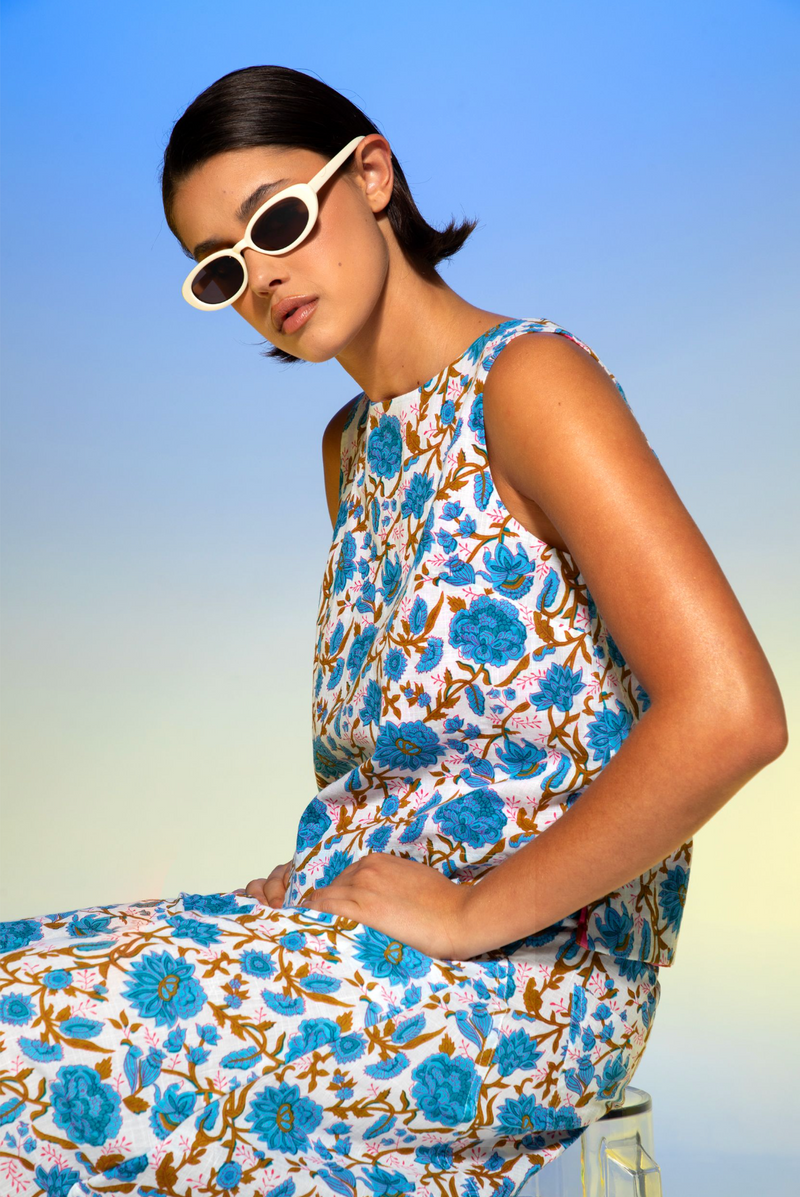 hara reversible top by boom shankar is a cotton sleeveles top with a paisley block print on one side