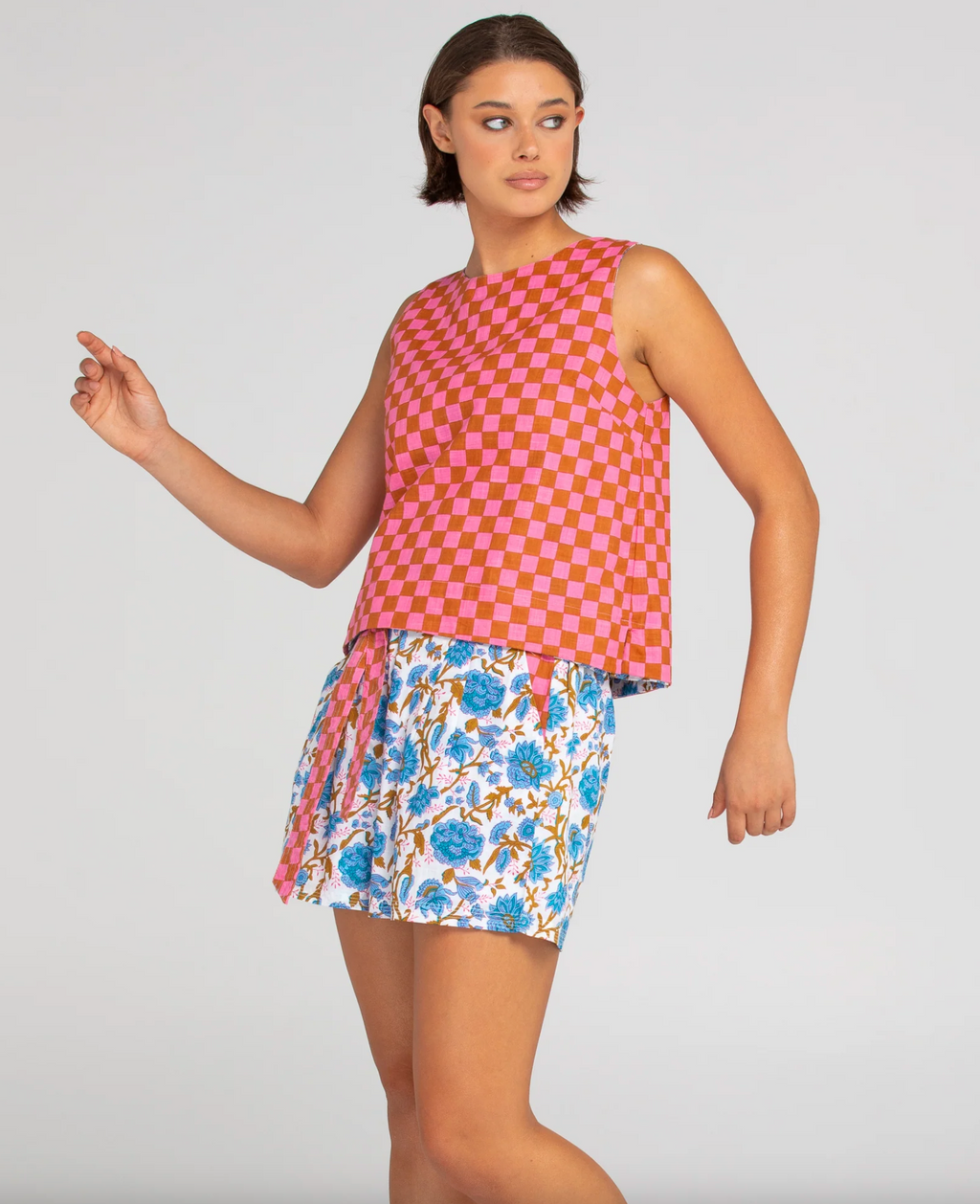 hara reversible top by boom shankar is a cotton sleeveles top with a paisley block print on one side