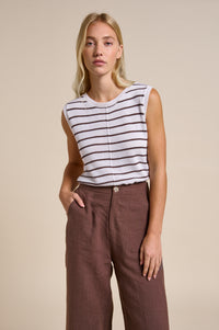 little lies jude linen wide leg pants in chocolate brown with stripe ini tank