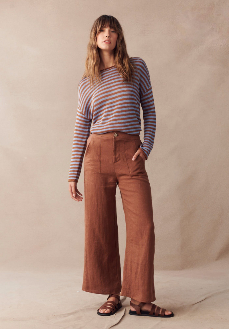 the isa stripe by little lies is a soft linen blend knitted long sleeve top