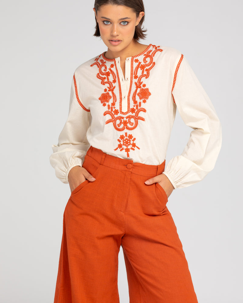 jadu top by boom shankar is a cream cotton ethical embroidered blouse with long sleeves