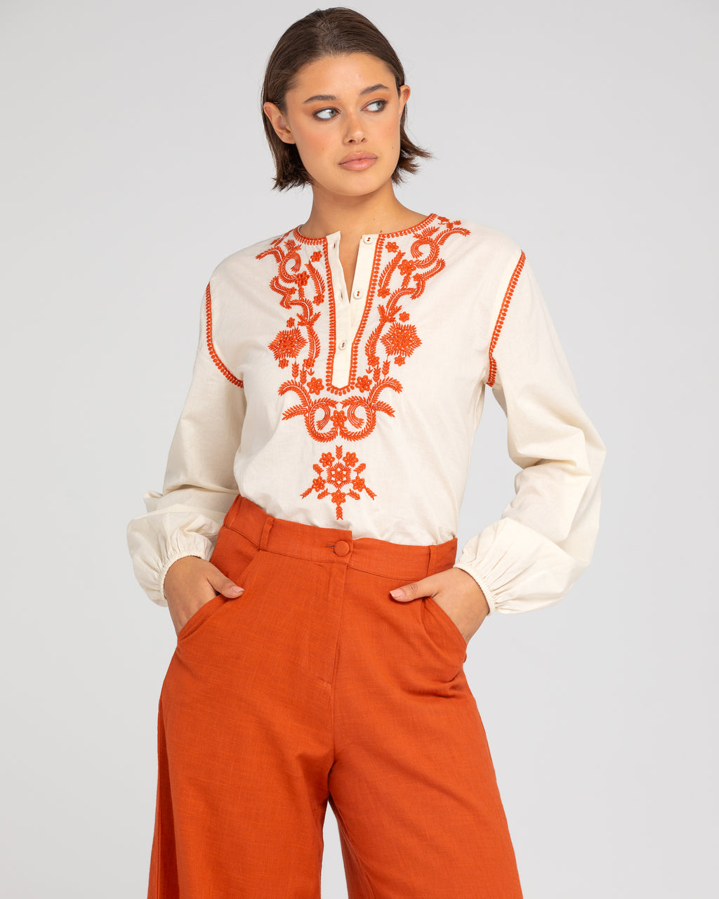 jadu top by boom shankar is a cream cotton ethical embroidered blouse with long sleeves