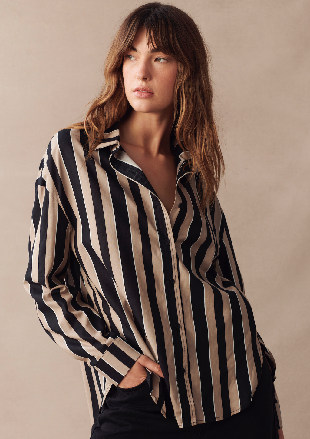 jordie shirt by little lies is a stripe button up collared shirt