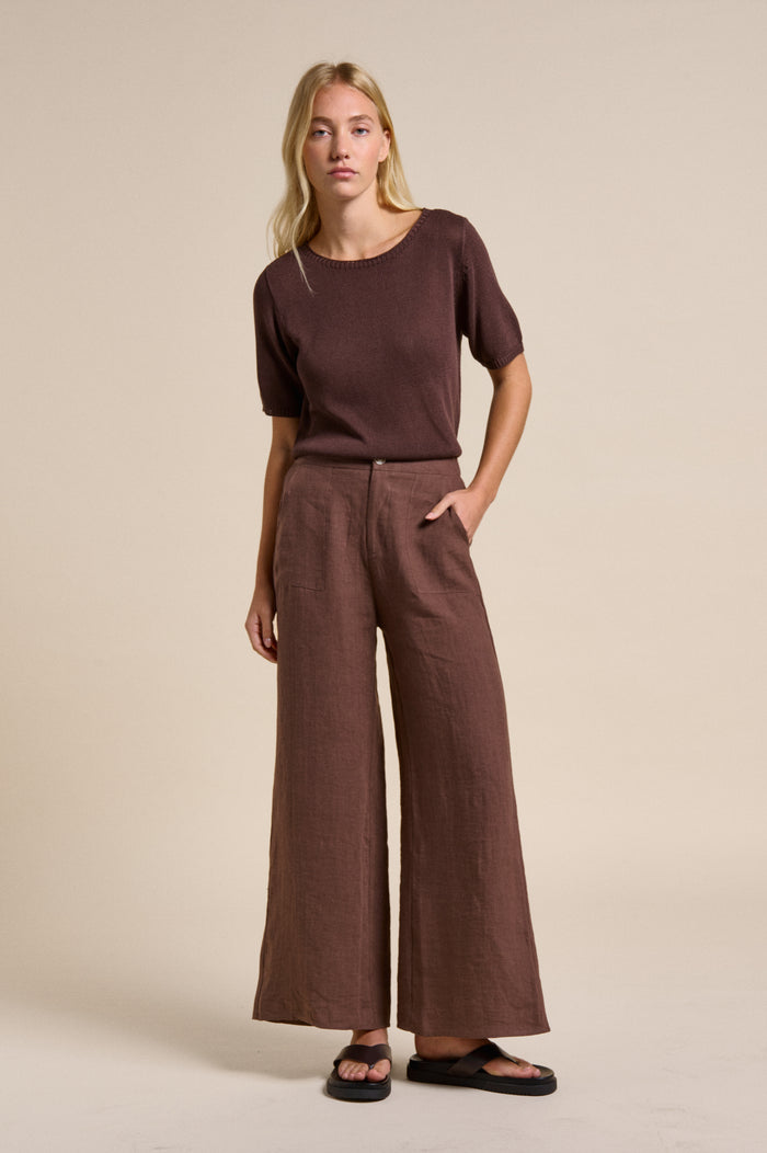 little lies jude linen wide leg pants in chocolate brown