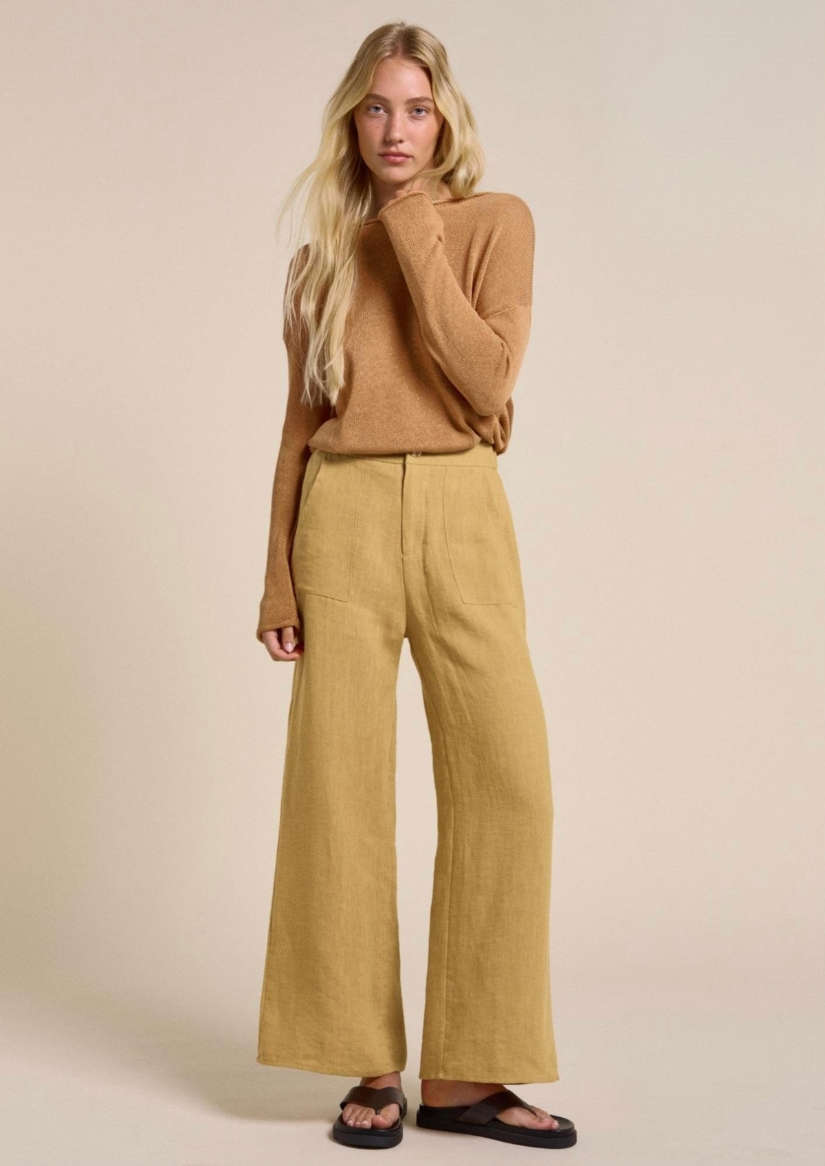 little lies jude linen wide leg pants in mustard yellow