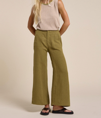 jude linen pants by little lies in a olive reen are a relaxed wide leg pant