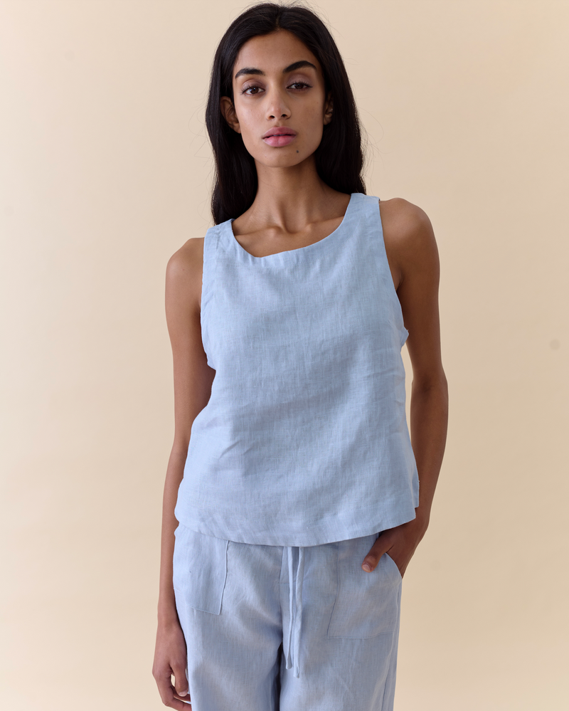 The Jude Linen Tank top is a pale blue sleeveless top by little lies with matching remy pants