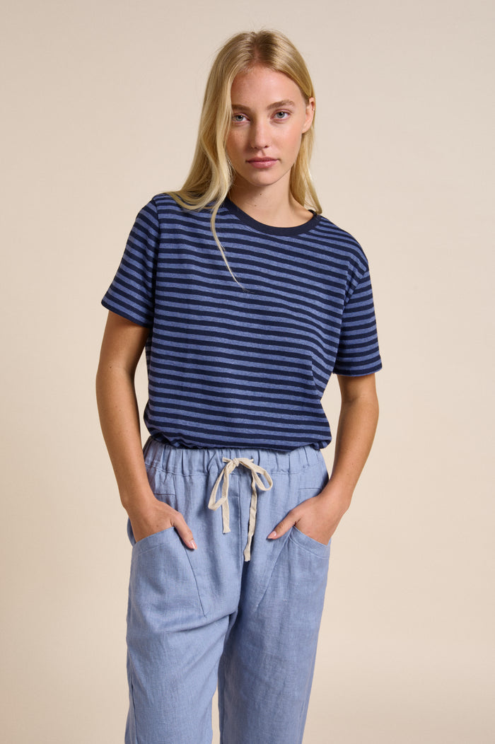 Lola t-shirt by little lies is a classic stripe blue cotton tee